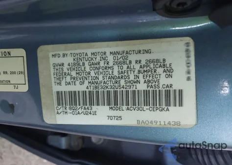 2002 Toyota Camry Xle z USA, uszkodzony, nr VIN 4T1BE32K32U542971